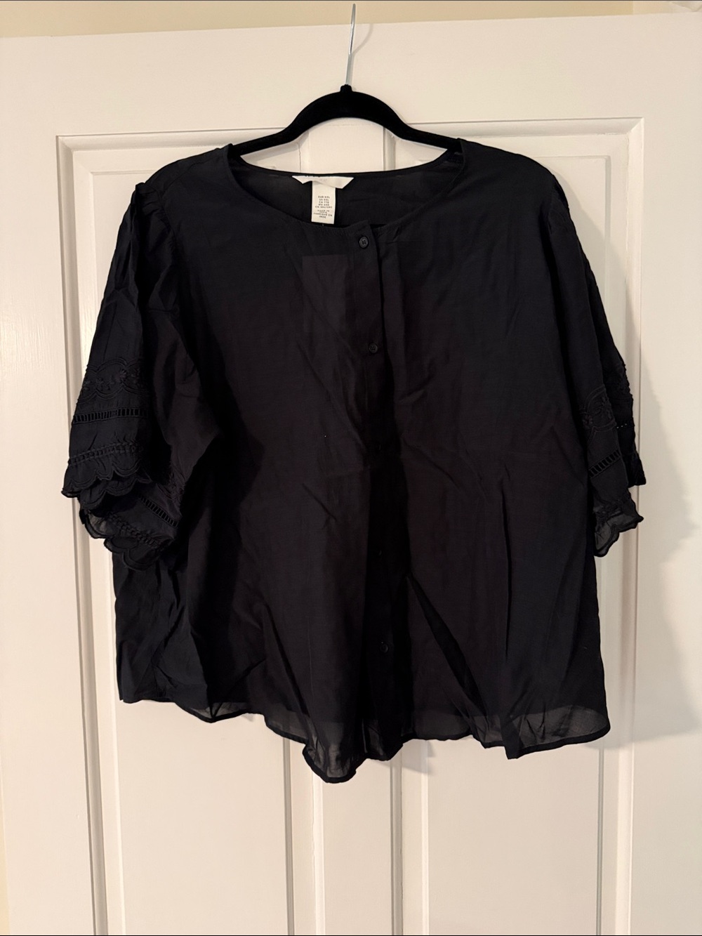 H&M Black Button-Front Blouse with Scalloped Sleeve Trim